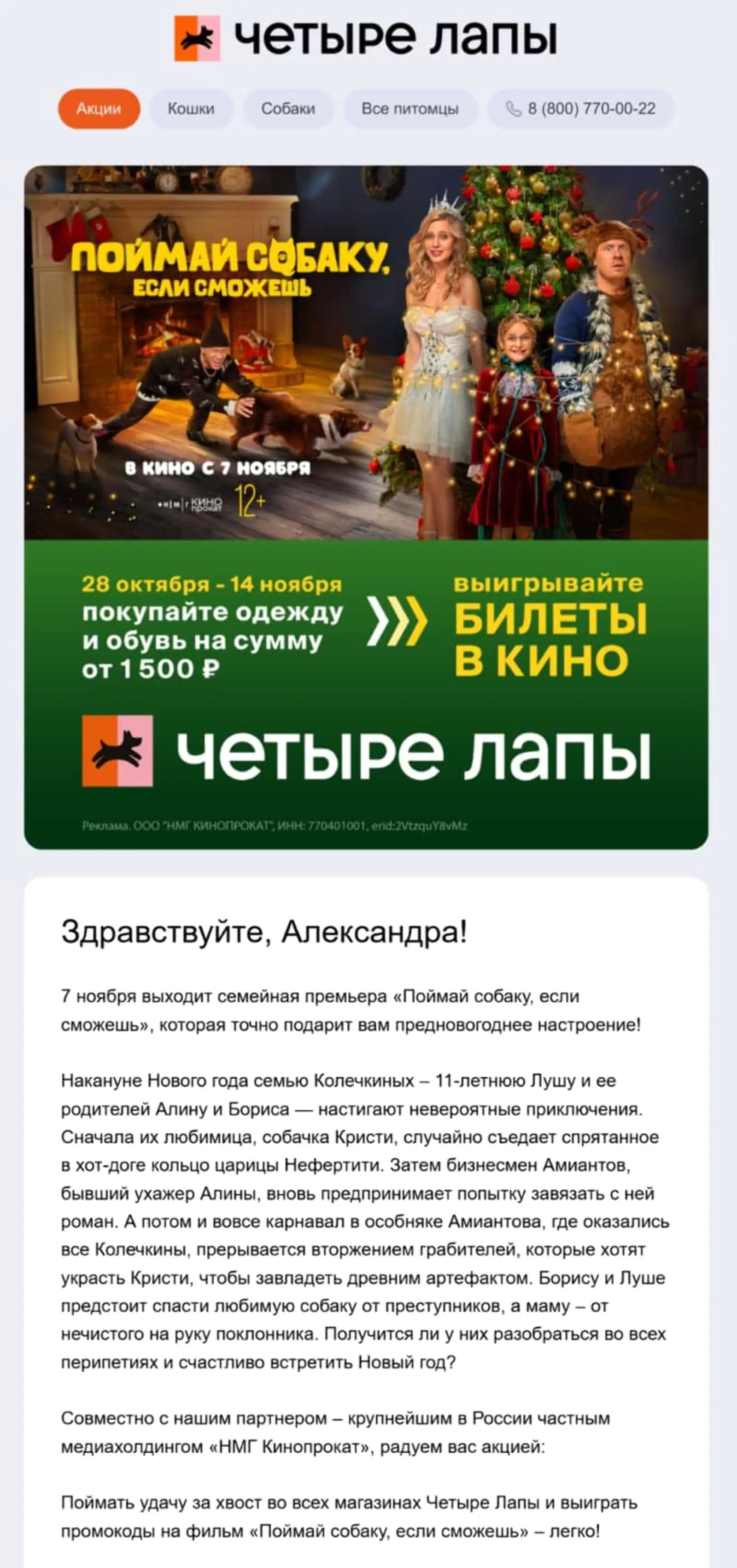 Картинка Зоомагазин «Четыре лапы» разыгрывает среди покупателей розничных магазинов билеты в кино
