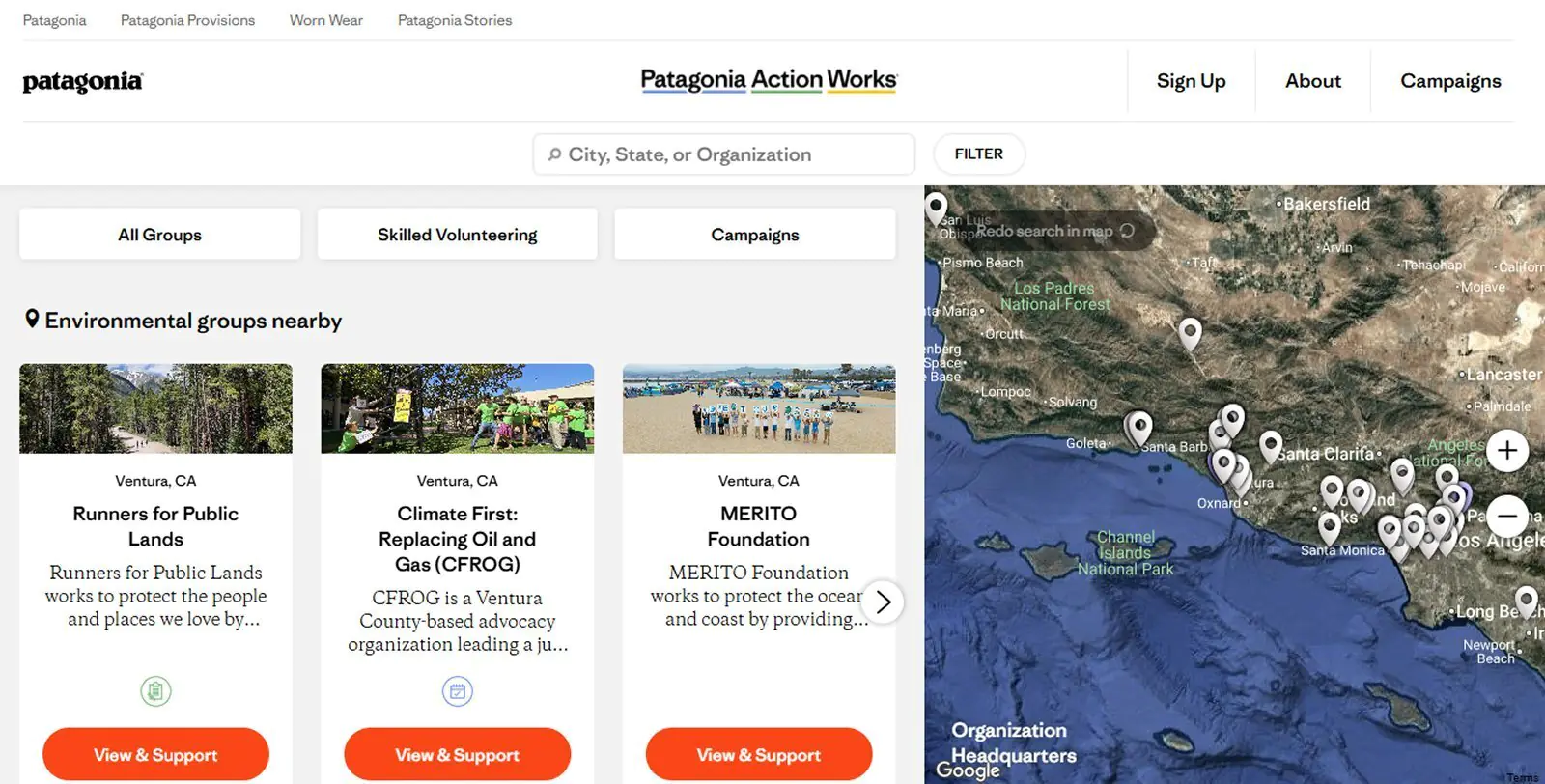 Платформа Action Works подбирает локальные экологические организации по геолокации пользователя — волонтерство на местах, кампании по сбору денег, петиции