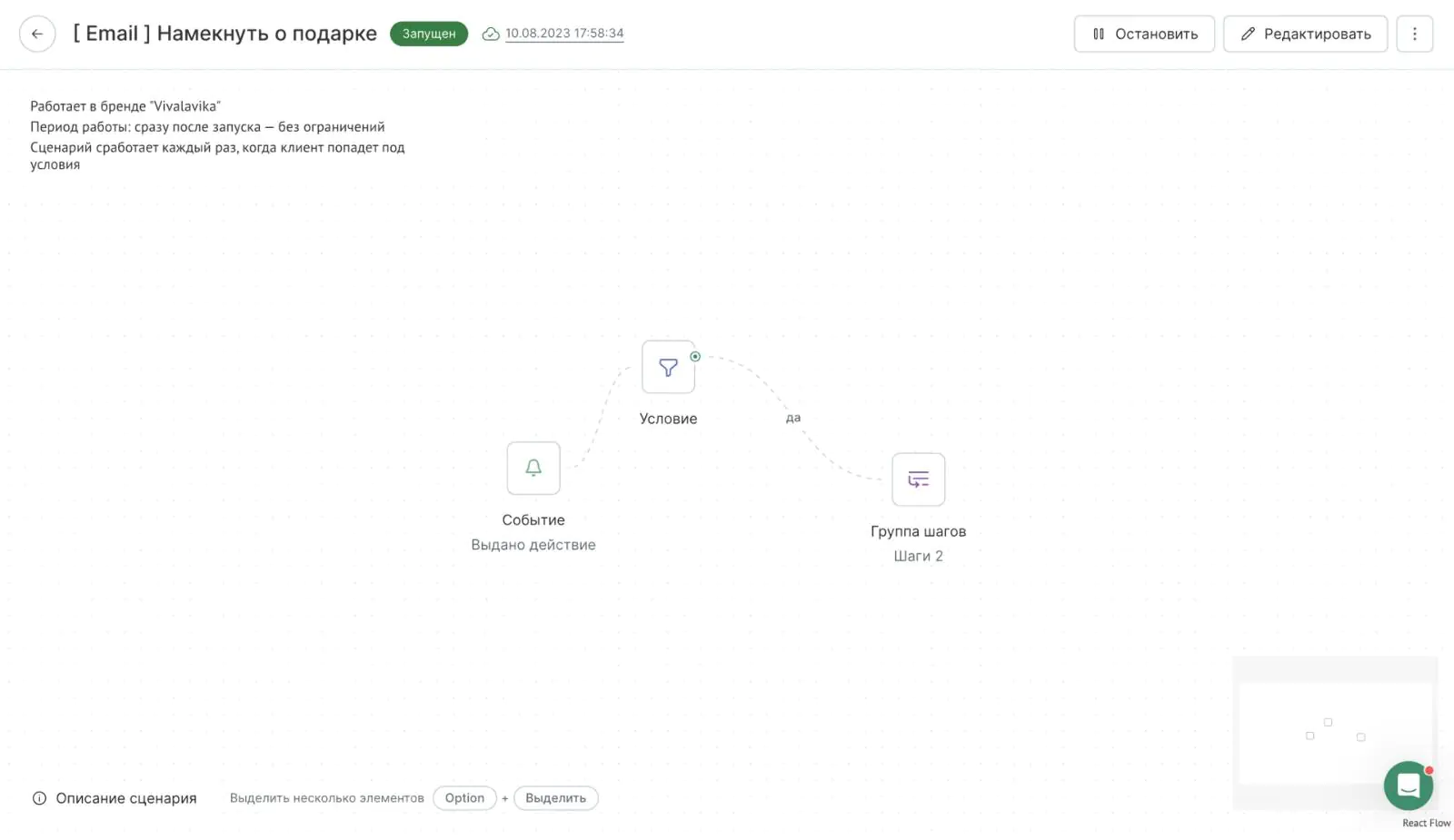 Картинка Сценарий отправки письма срабатывает после того, как клиент нажимает в попапе на кнопку «Намекнуть о подарке»