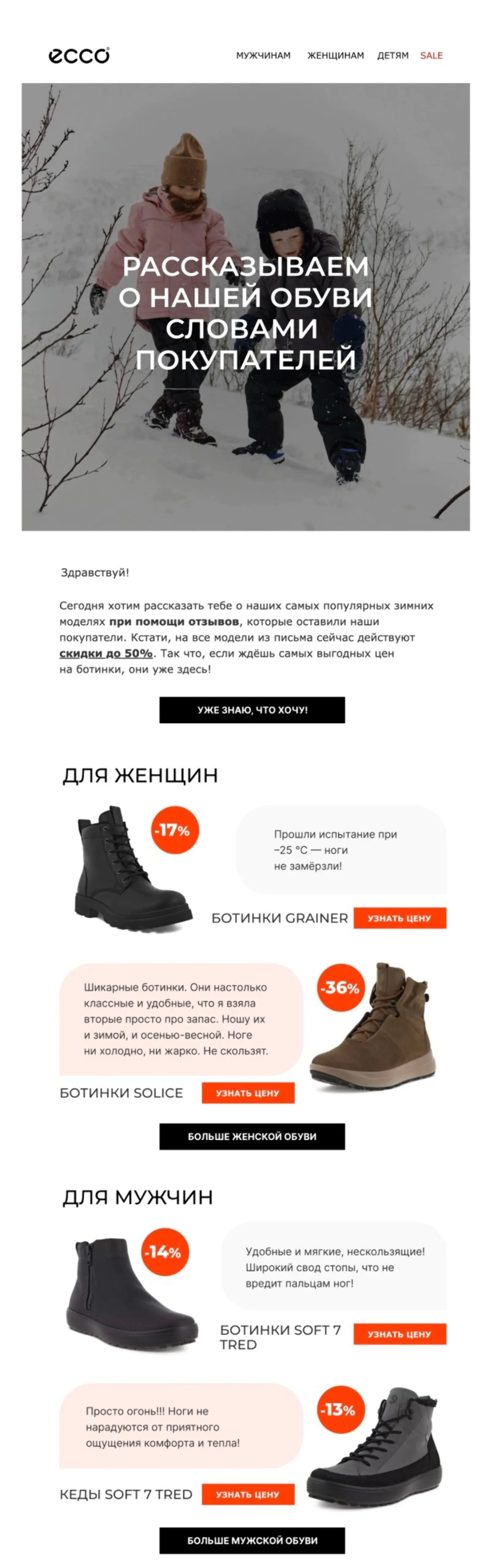 Письмо с отзывами клиентов ECCO. Click rate ― 1%