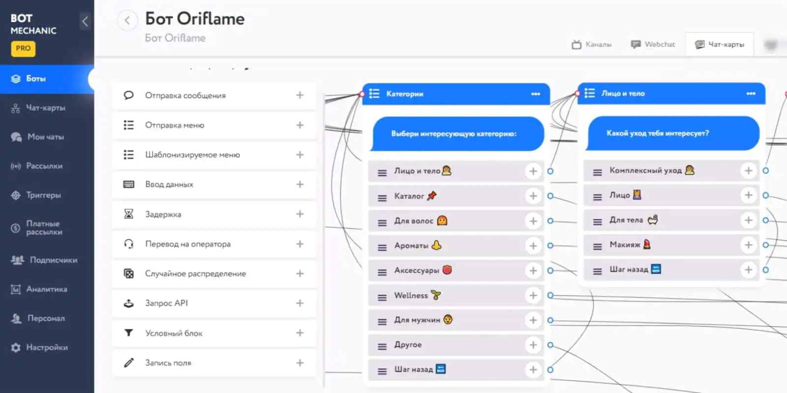 Меню чат-бота Oriflame собрано в сервисе Botmechanic