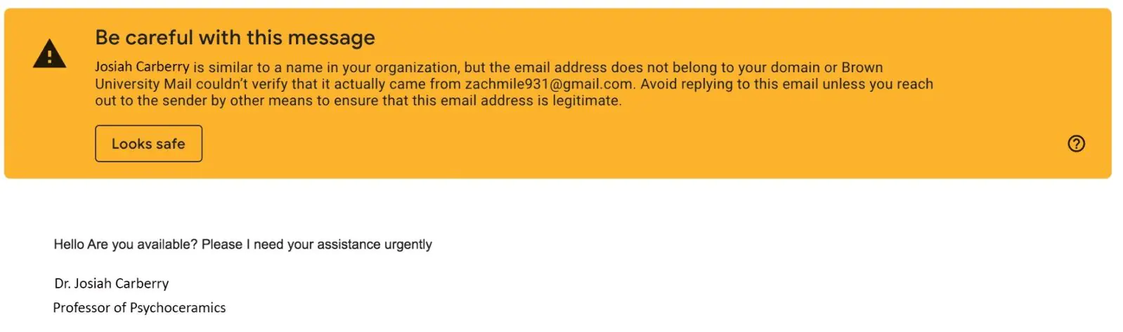 Картинка Gmail предупреждает, что письмо отправили с другого домена, но не блокирует его. Источник