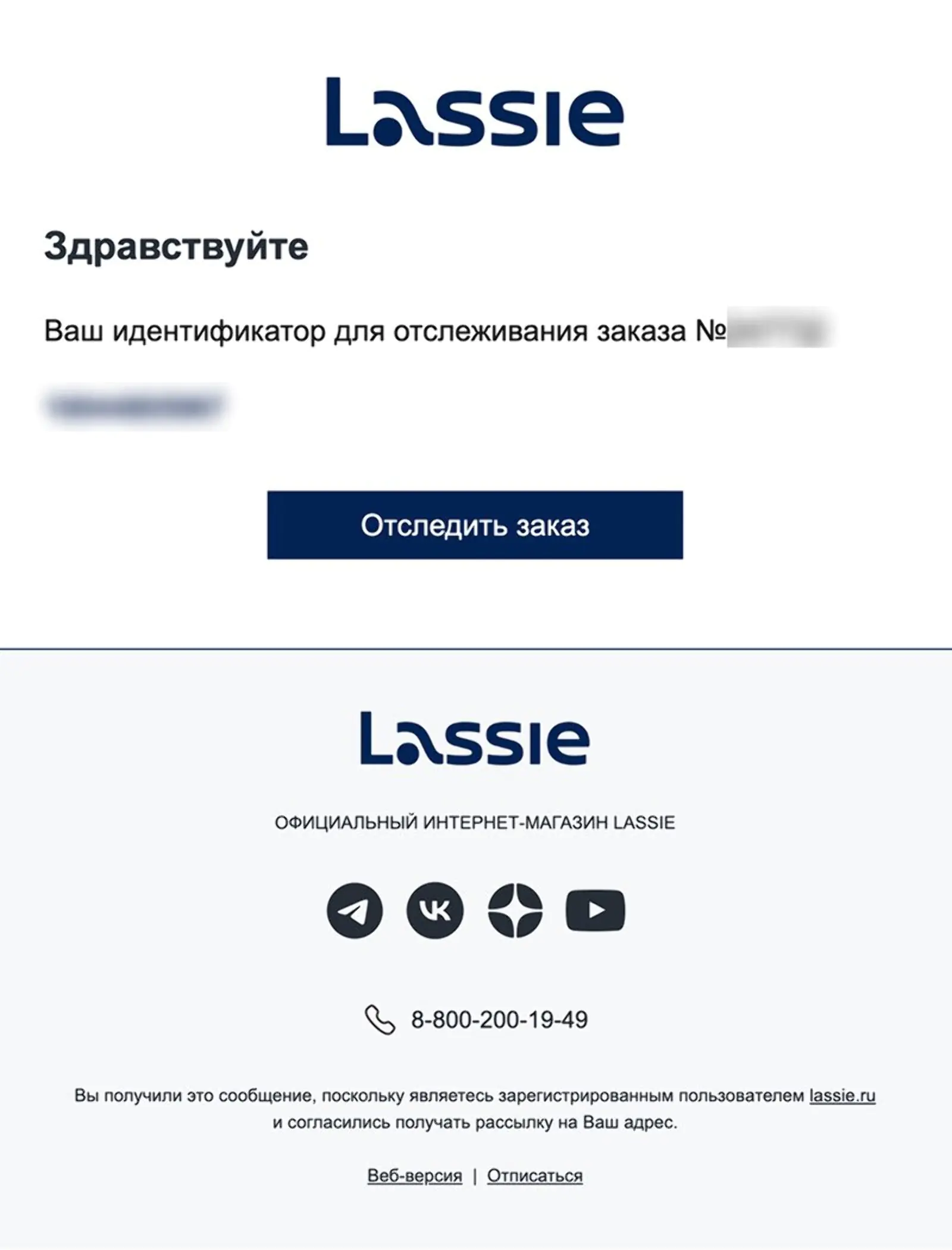Письмо с трек-номером уходит клиенту после оформления доставки. Open rate — 67%, click rate — 37%, spam rate — 0%