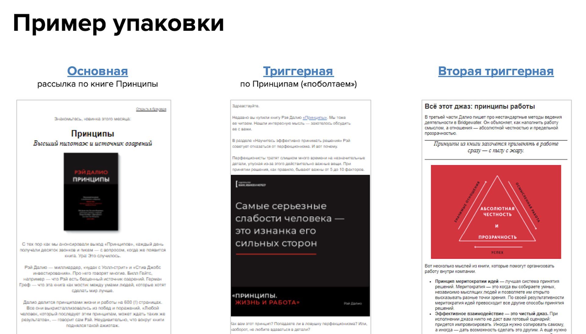 Пример упаковки разных рассылок по книге «Принципы» Пример упаковки разных рассылок по книге «Принципы»