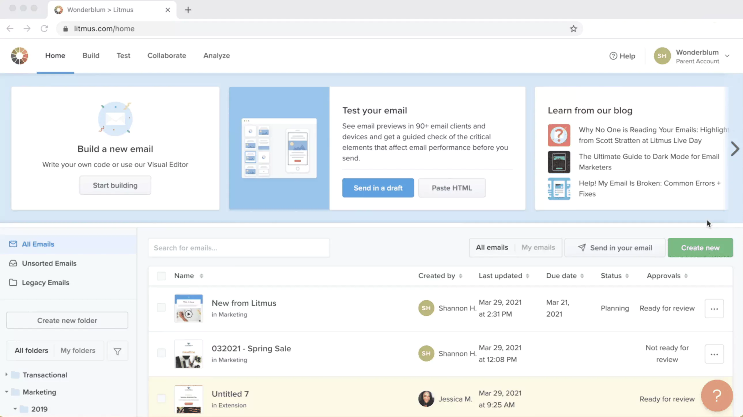 В Litmus можно сортировать тесты по папкам — это помогает быстро находить нужные проверки